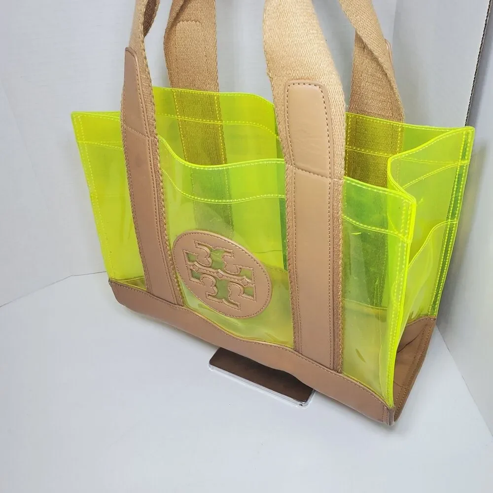 Rare Tory Burch Jesse Leather Clear Neon Yellow Dbl Handle Bag Mini Tote